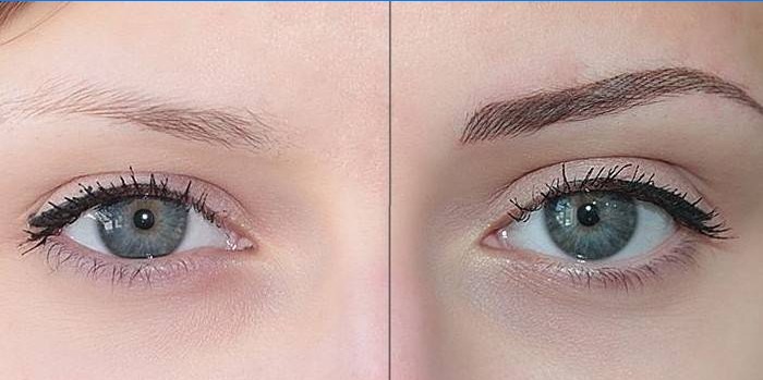 Ochii fetei înainte și după machiajul permanent al sprâncenelor