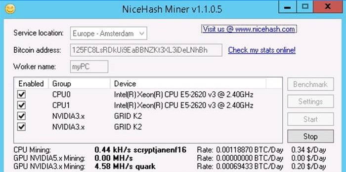 Execuție minerit pentru procesorul NiceHash Miner