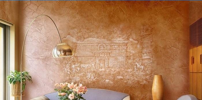 Tencuială decorativă cu efect de mătase și mural pe perete